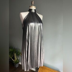 NWT LVLX Metallic Silver Black Faux Pleated Swing Dress Size Small